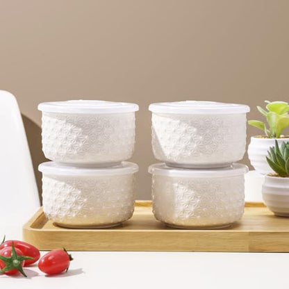 Mosuji 10 oz Set of 4 Oven-Safe Porcelain Ramekins with Lids, Large White Souffle and Creme Brulee Baking Dishes, Ramekin Bowls for Sauce and Dessert
