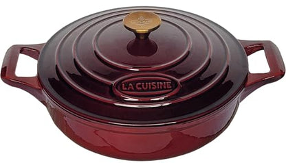 La Cuisine Enameled Cast Iron Braiser Shallow Dutch Oven Braising Sauté Pan 3.75 QT 11" Dia. Internal Matt Black Enamel Coating, Cranberry, Golden Lid Knob, Oven Safe, Induction Cooktop Compatible