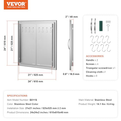 VEVOR BBQ Access Door, 24W x 24H Inch Double Outdoor Kitchen, Stainless Steel Flush Mount Door, Double Wall Vertical with Handles and Hooks, for BBQ Island, Grilling Station, Outside Cabinet