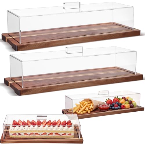 Mifoci 2 Pack Acacia Wood Cake Stand Serving Tray with Acrylic Lid, 15 x 6 x 4 Inches Charcuterie Table Display Set, Dessert Serving Tray Set for Bakery, Buffet, Home Party & Restaurant
