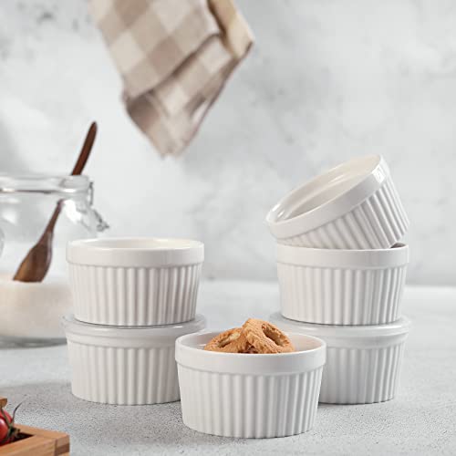 DOWAN Ramekins with Lids 6 oz Oven Safe, Creme brulee Souffle Dishes Ramekin with Covers, Porcelain Bowls for Baking Custard Cups, Set of 6, White