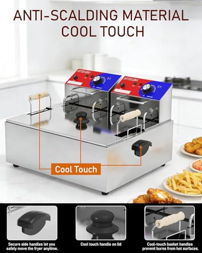 HTTSICHI Commercial Deep Fryer - 22 L Electric Deep Fryer with 10 L Basket(3Pcs), 3400W High Power Commercial Deep Fryer with Basket, Stainless Steel Commercial Fryer w/Adjustable Temperature and Lid