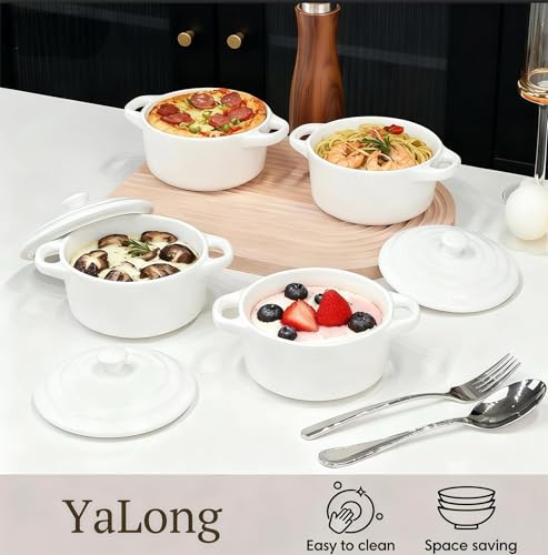 Mini Cocotte Set of 4, 15 oz Ceramic Mini Dutch Ovens with Lids and Handles, Small Casserole Dishes for Baking, Soufflé and Baked Desserts, Oven Microwave Dishwasher Safe