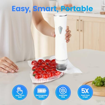 Gikxki Vacuum Sealer for Food with Visible Tank, Handheld Vacuum Sealer Machine with 30 Reusable Bags for 5X Longer Freshness, Wireless & Portable, White