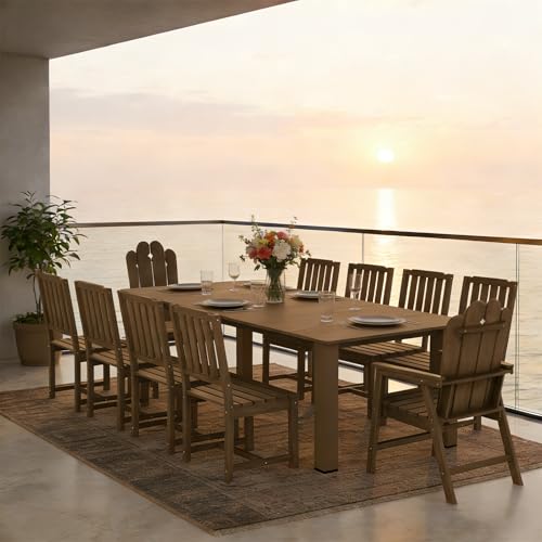Tioline 11-Piece Patio Dining Set, Outdoor Dining Set for 10, HDPE All-Weather Outdoor Furniture with 89.57” Umbrella Hole Table, 2 Armchairs & 8 Armless Chairs, Brown