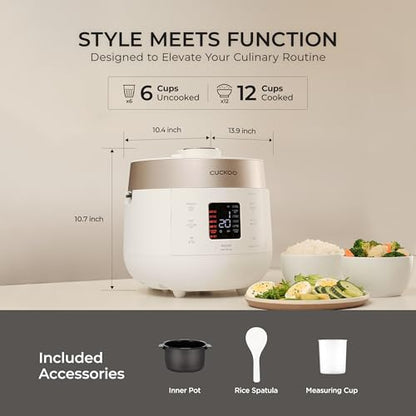 CUCKOO Twin Pressure Rice Cooker 6-Cup Uncooked / 12-Cup Cooked with Nonstick Inner Pot, Versatile Rice Maker & Warmer with 16 Menu Options, Open Cooking Mode, Voice Guide, White (CRP-ST0609FW)