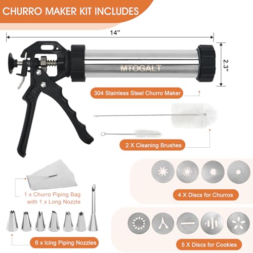 MTOGALT 21-Piece Cookie Press Set & Churro Maker Machine – Stainless Steel Baking Gun for Spritz Cookies, Hollow Churros, and Pastry – Includes 6 Nozzles, 9 Discs, Piping Bag, and 2 Brushes