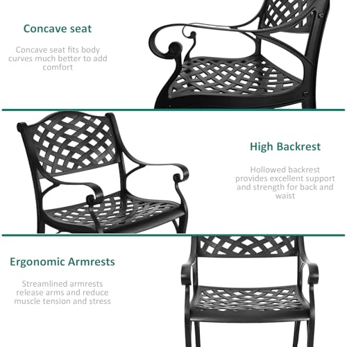 PATIO-IN 5 Pieces Cast Aluminium Patio Dining Set for 4-6 Person,Round 48" Patio Table and Chairs Set of 4 with 2.3" Umbrella Hole,Outdoor Patio Furniture Dining Set for Porch Backyard Deck, Black