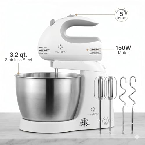Max Life ML-6638 Electric Stand Mixer, 150W, 5 Speeds, 3.2-Quart Rotating Stainless Steel Bowl, 2 Beaters & 2 Dough Hooks, White