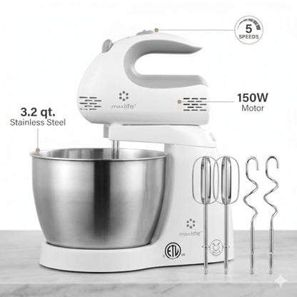 Max Life ML-6638 Electric Stand Mixer, 150W, 5 Speeds, 3.2-Quart Rotating Stainless Steel Bowl, 2 Beaters & 2 Dough Hooks, White