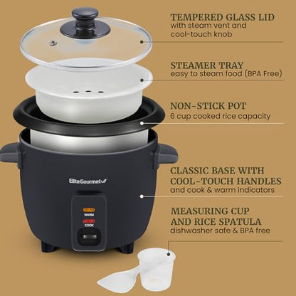 Elite Gourmet Electric Rice Cooker with Steam Tray and Non-Stick Inner Pot Makes Soups, Stews, Grains, Cereals, Keep Warm Feature, 6 Cups Cooked (3 Cups Uncooked), Black