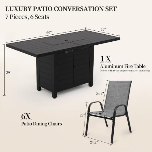 PIZZELLO 7 Pcs Outdoor Furniture Set w/ 60" Firepit and 6 Pieces Patio Chairs, 50,000 BTU Aluminum Gas Fire Table and Stackable Dining Chairs, Outdoor Conversation Dining Set of 6 for Backyard