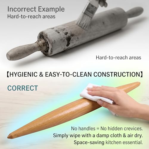 16-inch French Rolling Pin for Baking - Professional Solid Beechwood Dough Roller for Pizza, Pastry & Cookie Crust - Tapered Wooden Rolling Pins for Precision Control