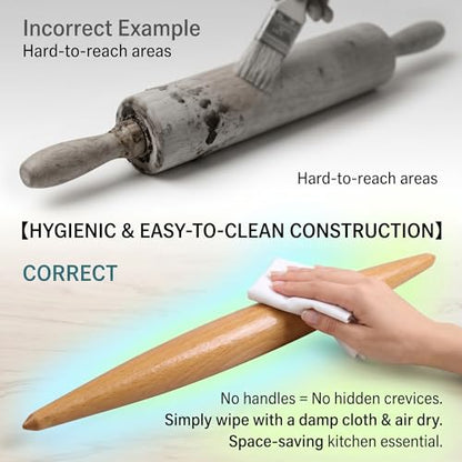 16-inch French Rolling Pin for Baking - Professional Solid Beechwood Dough Roller for Pizza, Pastry & Cookie Crust - Tapered Wooden Rolling Pins for Precision Control