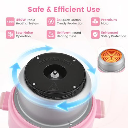 Cotton Candy Machine, Mini 450W Cotton Candy Maker with 10 Reusable Sticks & Sugar Scoop, Anti-Slip Base & Detachable Splatter Guard – Homemade Sugar Floss Kit for Birthday, Party, Christmas Gift