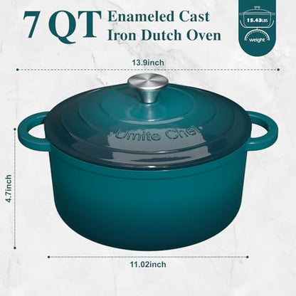 Umite Chef 7QT Enameled Cast Iron Dutch Oven with Lid & Cotton Potholders–Heavy-Duty Cookware for Bread Baking, Braising, Stews, Marinate, Cook(Emerald)