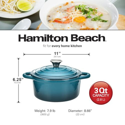 Hamilton Beach 3-Quart Enameled Cast Iron Dutch Oven, Navy with Cream Interior | Even Heat Distribution & Easy-Grip Handles | Ideal for Braising, Roasting,Stewing & Bread Baking
