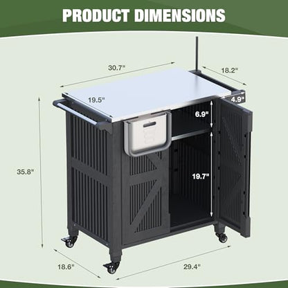 Outdoor Grill Cart with Stainless Steel Top, Outdoor Kitchen Island BBQ Prep Table, 2-Tier Storage Cabinet, Rolling Utility Station with Hanging Trash Bin, Wheels, Side Shelf for Patio, Yard, Picnic