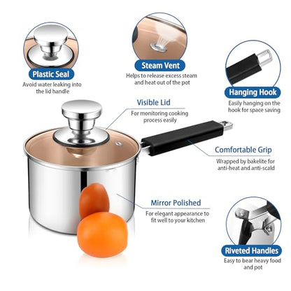 P&P CHEF 1 Quart Sauce Pan and Pot with Lid, Tri-Ply Stainless Steel Saucepan Cookware for Induction & Multi Stoves, Heat-proof Handle & Visible Glass Lid, Dishwasher Safe