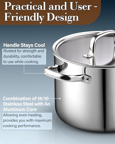 Cook N Home Classic Tri-Ply Clad Stock pot, Stainless Steel Stock pot with Lid, Cooking Pot for Pasta, Spaghetti, Large Soup Pot with Handle, Cookware for Canning, Boiling, Simmer, Oven Safe, 6-Quart