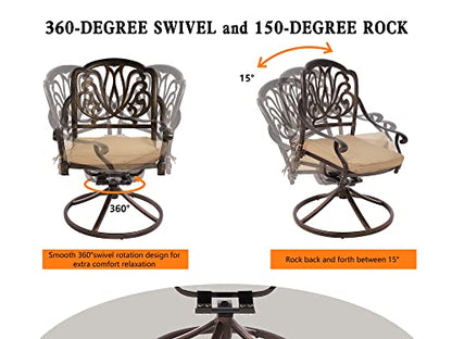 Grepatio 5 Piece Outdoor Dining Set Cast Aluminum Patio Dining Set Table and Chairs Outside Furniture 4 Swivel Chairs with Cushion and 1 Umbrella Hole Round Dining Table for Lawn Garden Patio (Khaki)