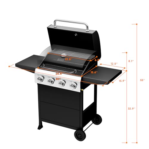 ROVSUN 4 Burner Propane Gas Grill with Foldable Side Shelves, 40000BTU BBQ Grills with Enameled Cast Iron Grates, Cabinet & Poratable Rolling Wheels for Outdoor Garden Patio Backyard Barbecue Cooking