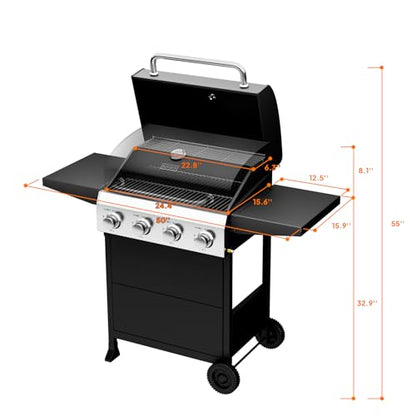 ROVSUN 4 Burner Propane Gas Grill with Foldable Side Shelves, 40000BTU BBQ Grills with Enameled Cast Iron Grates, Cabinet & Poratable Rolling Wheels for Outdoor Garden Patio Backyard Barbecue Cooking