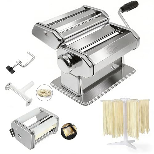 MZTOGR Pasta Maker Machine with 9 Adjustable Thickness Settings, 2 in 1 Noodle Maker Includes Pasta Cutter, Ravioli Maker Attachment & Pasta Drying Rack