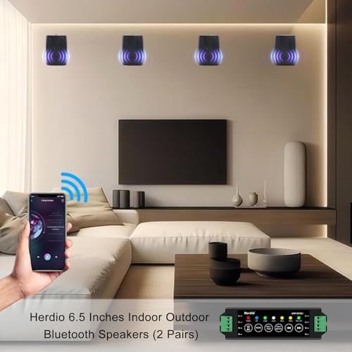 Herdio 6.5 Inch 800W Outdoor Bluetooth Speakers Wired Waterproof with Multifunctional Amplifier, Wall Mount Speaker System for Patio Home Poolside Deck Backyard(2 Pairs,Black)
