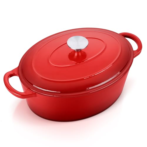 E-far 7QT Oval Dutch Oven Pot with Lid, Enameled Cast Iron Dutch Oven with Dual Handles for Sourdough Bread Baking Cooking, Nonstick Enamel Coated Cookware(Red), Non-Toxic & Easy Clean