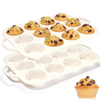 Silicone Muffin Pans for Baking, with Metal Reinforced Frame 2.8 Inch Regular Size Silicone Molds Nonstick 12 Cups for Baking Homemade Muffins, Cupcakes, Egg Bites 2 Pack Dishwasher Safe BPA Free