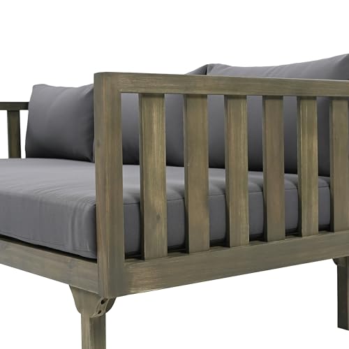 Christopher Knight Home Claremont Outdoor 3 Seater Acacia Wood Daybed with Fabric Water Resistant and Removable Cushions, Patio Garden Sofa with Slat Paneling Armrest and Back, Grey and Dark Grey