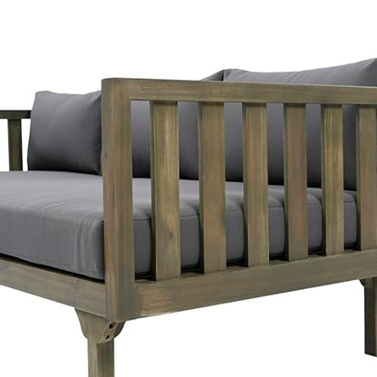 Christopher Knight Home Claremont Outdoor 3 Seater Acacia Wood Daybed with Fabric Water Resistant and Removable Cushions, Patio Garden Sofa with Slat Paneling Armrest and Back, Grey and Dark Grey