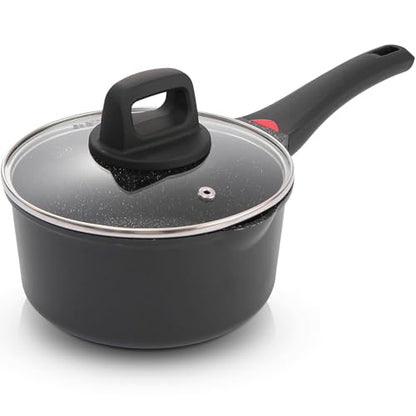 1.3 Quart Sauce Pan with Glass Lid - 6.2 Inch, Non-Stick Ceramic Coating, Induction Compatible, Even Heating - Easy Clean, Non-Toxic, Soft Cool Handle by Cainfy