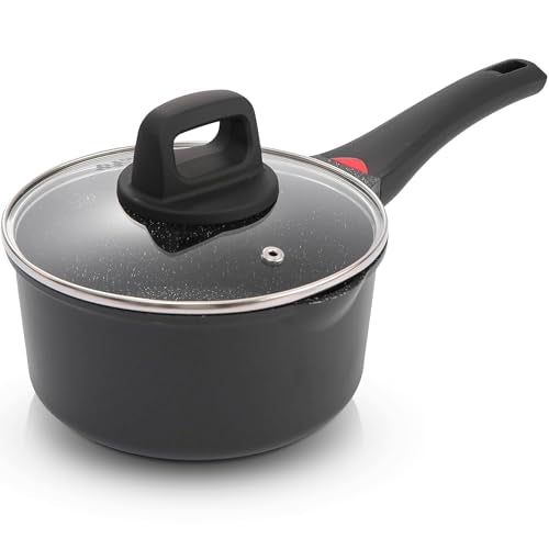 1.3 Quart Sauce Pan with Glass Lid - 6.2 Inch, Non-Stick Ceramic Coating, Induction Compatible, Even Heating - Easy Clean, Non-Toxic, Soft Cool Handle by Cainfy