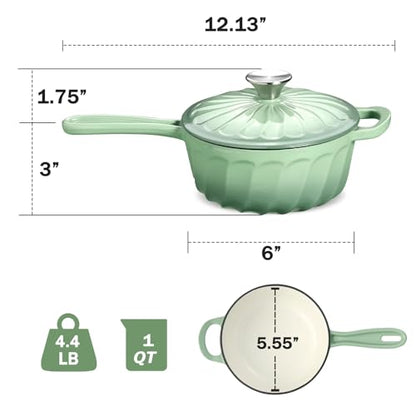 NSIRONS 1 Quart Saucepan with Lid, Enameled Cast Iron Sauce Pan, Heavy Duty Small Pots for Cooking Pasta Sauce, Soup, Milk, Oven Safe up to 500°F (Fig Green)