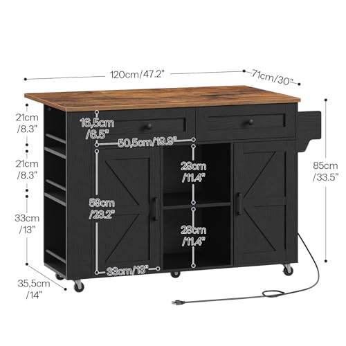 HOOBRO Kitchen Island on Wheels, Kitchen Storage Island with Power Outlet & Drop Leaf, Island Table with Open Shelves, 2 Drawers, for Kitchen, Rustic Brown and Black BF35UZD01