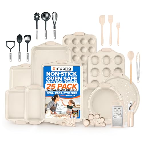 Emporio Kitchen Baking Pan Set - Nonstick Coating, Carbon Steel Bakeware Set with White Silicone Handle, PFOA, PFOS, PTFE Free, Recipe Booklet Included, Oven Safe Tray (Up To 450° F) Set of 25 - White