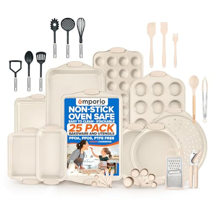 Emporio Kitchen Baking Pan Set - Nonstick Coating, Carbon Steel Bakeware Set with White Silicone Handle, PFOA, PFOS, PTFE Free, Recipe Booklet Included, Oven Safe Tray (Up To 450° F) Set of 25 - White