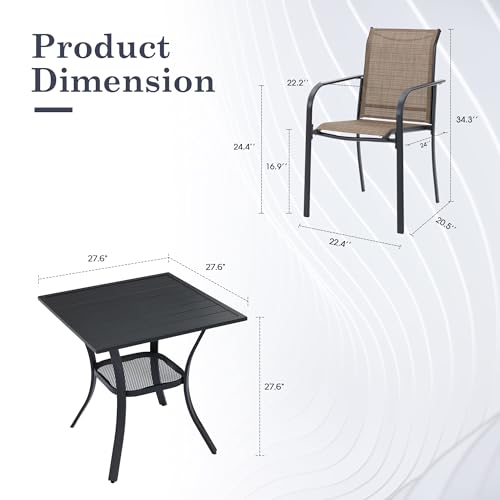 ARKOST 3 Pieces Outdoor Dining Set, Stackable Textilene Paito Chairs & 27.5" Square Dining Table with Shelf, Patio Dining Set for Backyard, Deck, Garden, Brown & Black