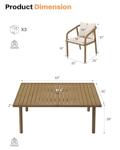 SEEHILL 7-Piece Patio Dining Set, Never-Rust Aluminum Outdoor Dining Set for 6, Rectangular Outdoor Table and Chairs Set with Washable Cushions, Patio Furniture Set for Poolside, Deck, Backyard, Teak