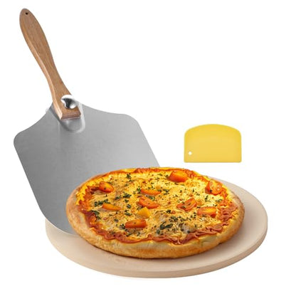 VEVOR Pizza Stone, 15 in Round Pizza Stone, 0.67 in Large Cordierite Baking-Stone with Metal Peel, Scrape, 1450℉ Heat-Resistant Cooking Stones, for Kitchen Oven, Baking Pizzas, BBQ Grill