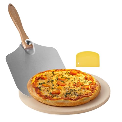 VEVOR Pizza Stone, 15 in Round Pizza Stone, 0.67 in Large Cordierite Baking-Stone with Metal Peel, Scrape, 1450℉ Heat-Resistant Cooking Stones, for Kitchen Oven, Baking Pizzas, BBQ Grill