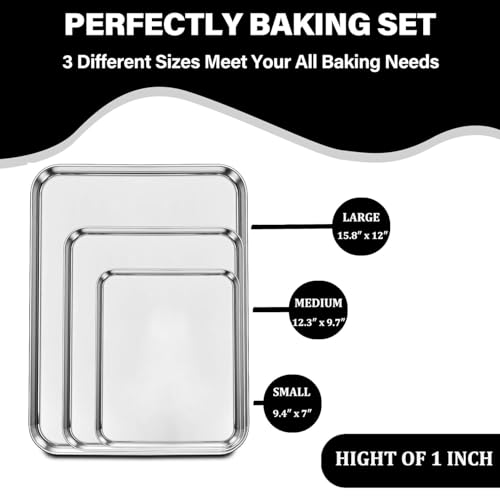 Set of 3 Baking Sheet, Stainless Steel Cookie Sheet Baking Sheet Pan, 9/12/16 Inch Cookie Tray Pans for Baking, Non Toxic & Easy Clean