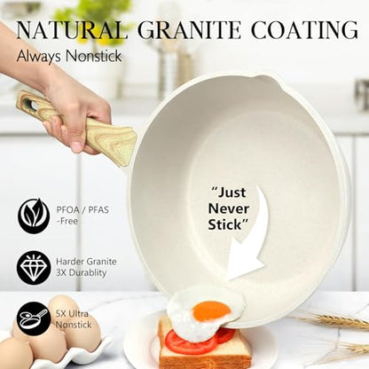 GiPP Nonstick Deep Frying Pan Skillet, 9.5" Saute Pan with Lid, Granite Induction Cookware Non Stick Cooking Pan, PFOA PFOS APEO Free, White
