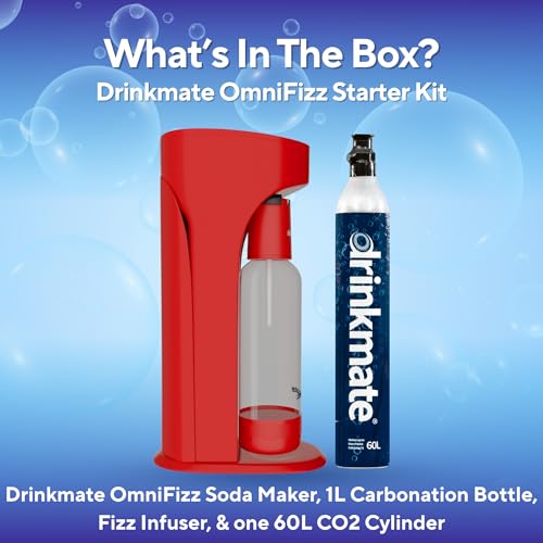 Drinkmate OmniFizz Sparkling Water Maker & Soda Streaming Machine | Carbonates Any Drink | STARTER KIT | Includes One 60L CO2 Cartridge + One BPA-Free Bottle (Royal Red)