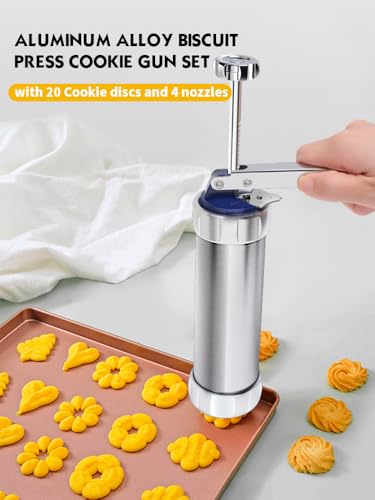 Professional Aluminum Cookie Press Set with 20 Discs & 4 Nozzles - Heavy Duty Cookie Gun for Baking, Decorating - Ideal for Home & Commercial Use