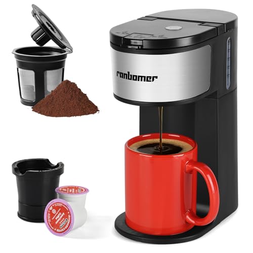 Ranbomer K Cup Coffee Maker, Single Serve coffee machine or Ground Coffee Machine 2 in 1, 6 to 14 Oz Brew Sizes, Mini One Cup Coffee Maker with Self cleaning Function.