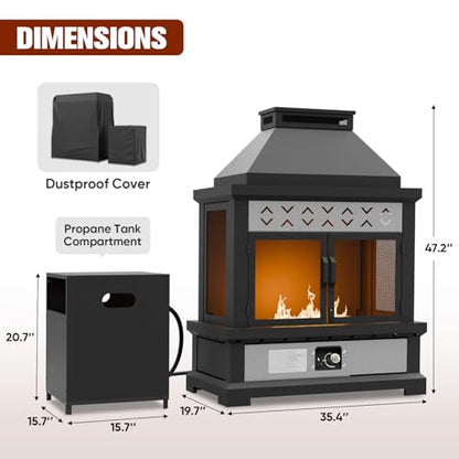 EAGLE PEAK Outdoor Propane Fireplace 50,000 BTU Gas Fireplace with Locking Mesh Doors with Storage & Adjustable Flame, Patio Heater for Decks Backyards, Black/Gray