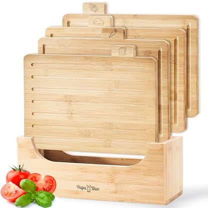 Bamboo Cutting Board Set of 4 - Wood Cutting Board Set with Holder - Bamboo Cutting Boards for Kitchen with Labeled Food Icon - Chopping Board Set With Stand - Includes Bread Board and Juice Groove